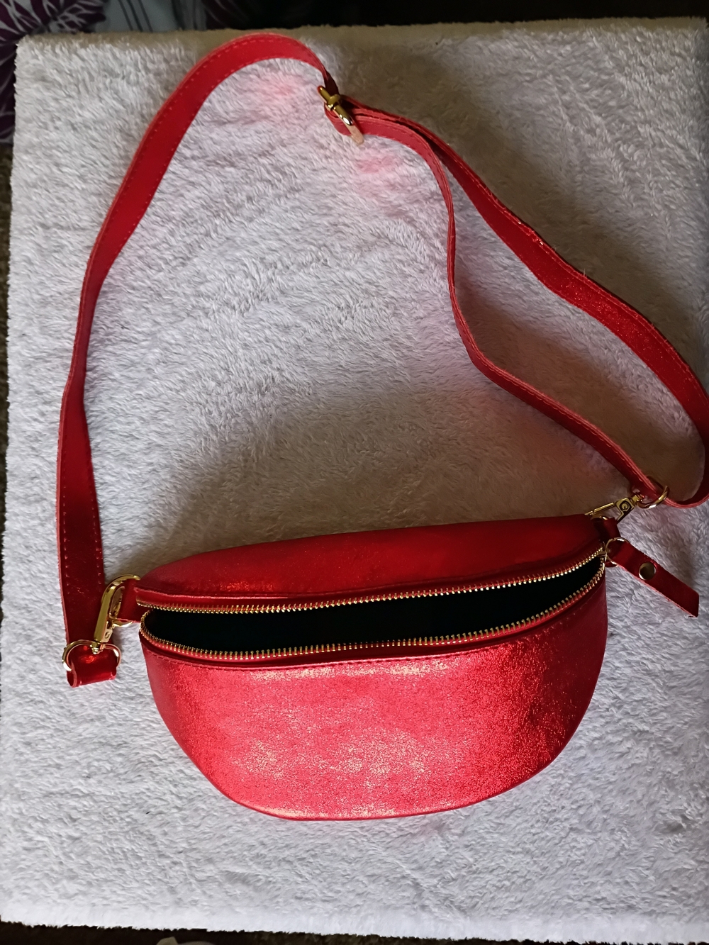 Made In Italy Metallic Red Genuine Leather Fanny Pack/Crossbody